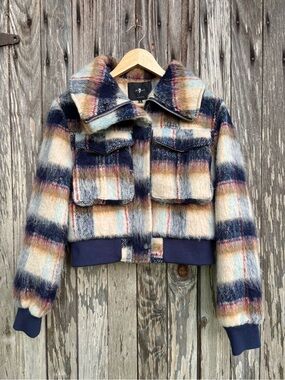 7 For All Mankind plaid fuzzy bomber jacket size medium